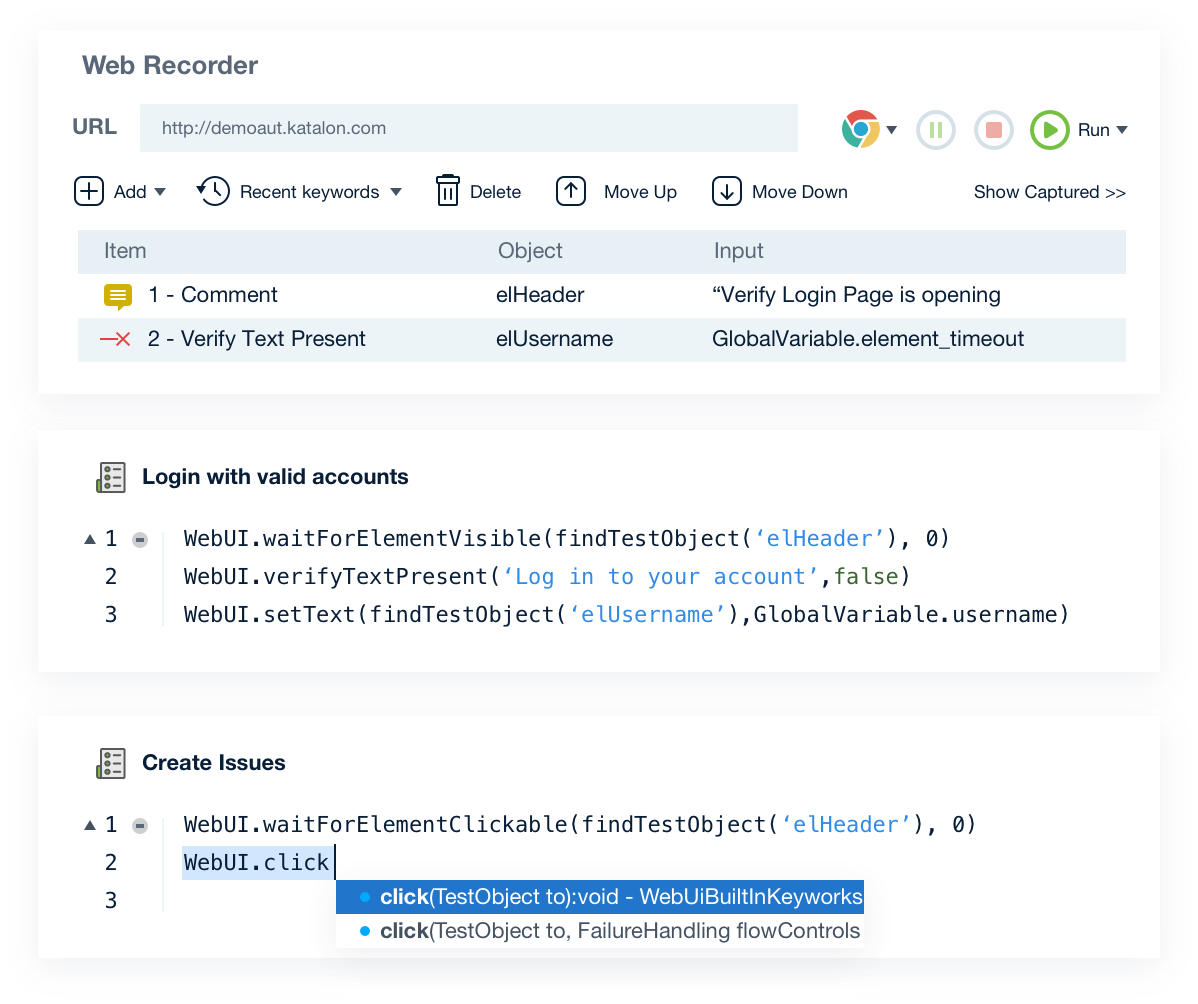 Records actions and generates scripts automatically using built-in keywords