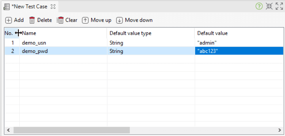 Katalon Variables tab of the test case