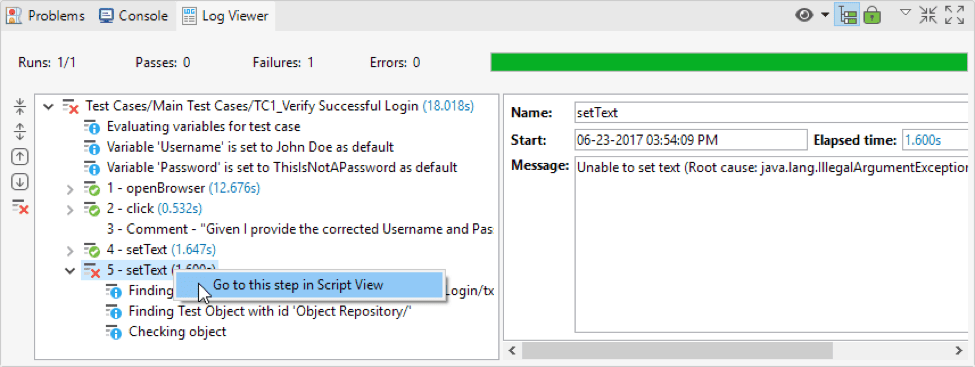 Test execution Dialog